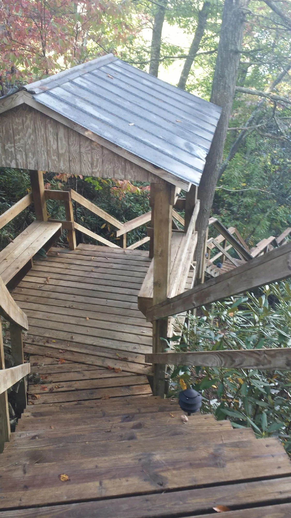 Metal roofed shelter over wooden steps on a wooded walkway — Skylight Repair & Installation work by our crew in Crescent
